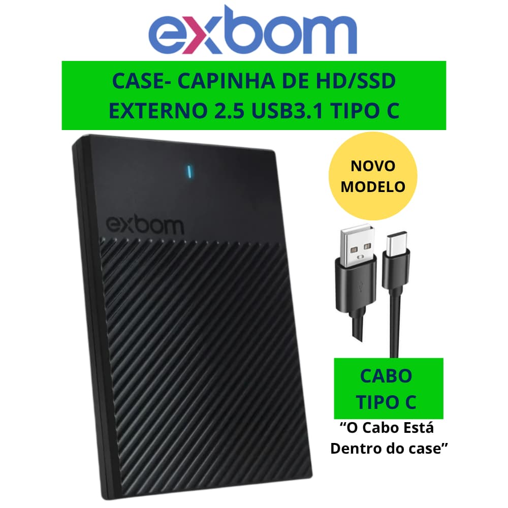 Case HD/SSD Capinha Externo 3.1 Ultra Rápido Sata Tipo C Notebook/PS4/ PC Preto/Transparente Exbom