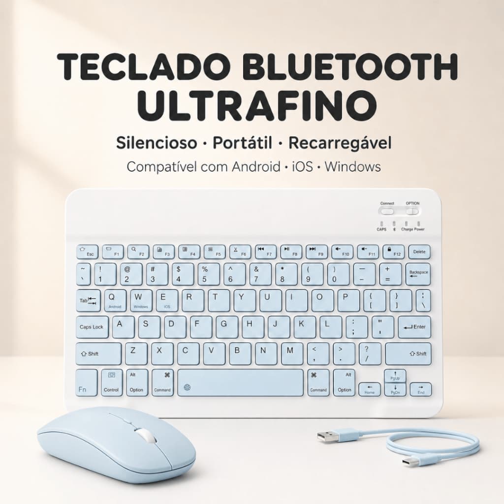 Teclado Bluetooth Sem Fio Recarregável Para Tablet Celular iOS Android Silencioso