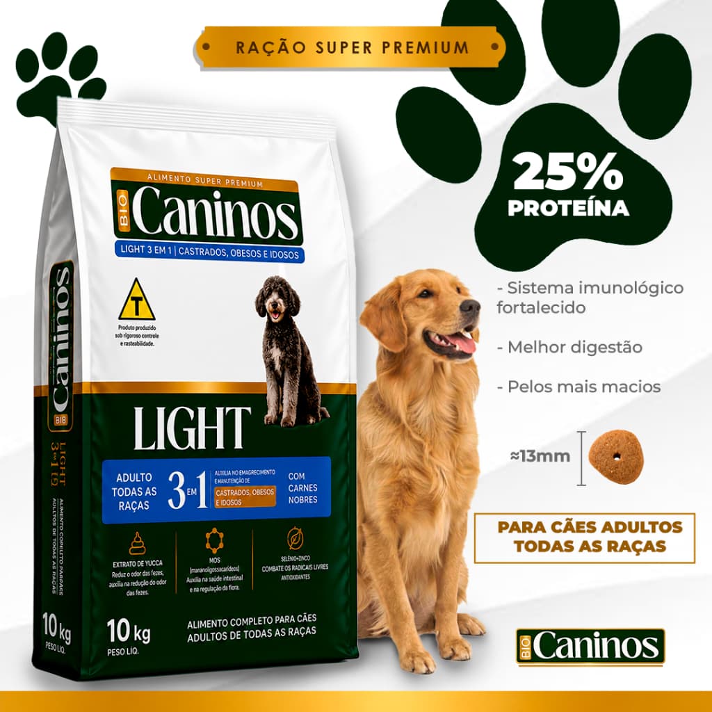 Ração Para Cachorro Idoso Obeso Castrado 10kg Caninos Light Premium 25% Proteína