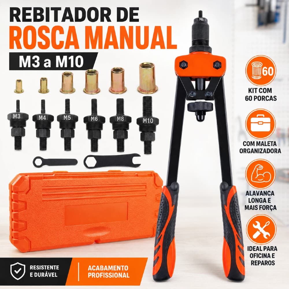 Kit Rebitador Manual De Rosca Com Alavanca Até M3- M10 Com 60 porcas acessórias com caixa - Pronta Entrega
