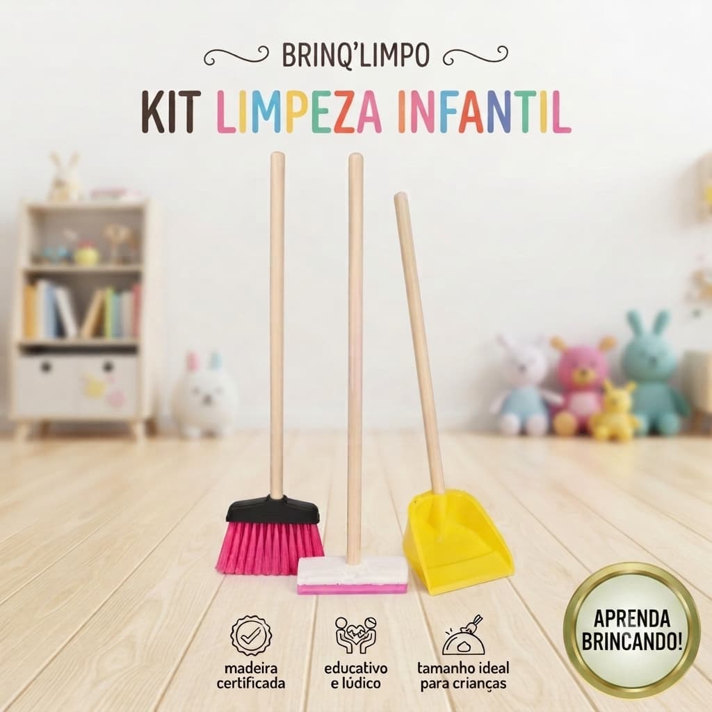 Kit Limpeza Infantil Vassoura Rodinho Pazinha Brinquedo Educativo Montessori Faz de Conta Criança