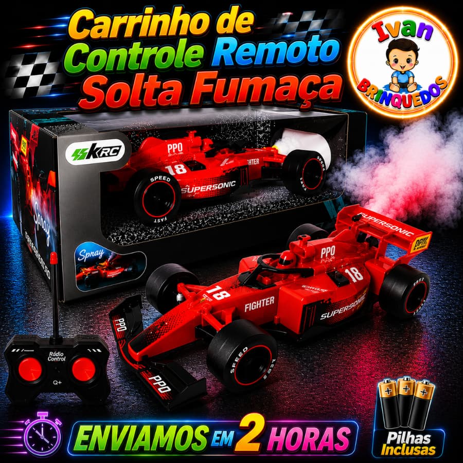 Brinquedo Carrinho de Controle Remoto Recarregável Formula1 Solta Fumaça Controle Total Menino e Acessórios
