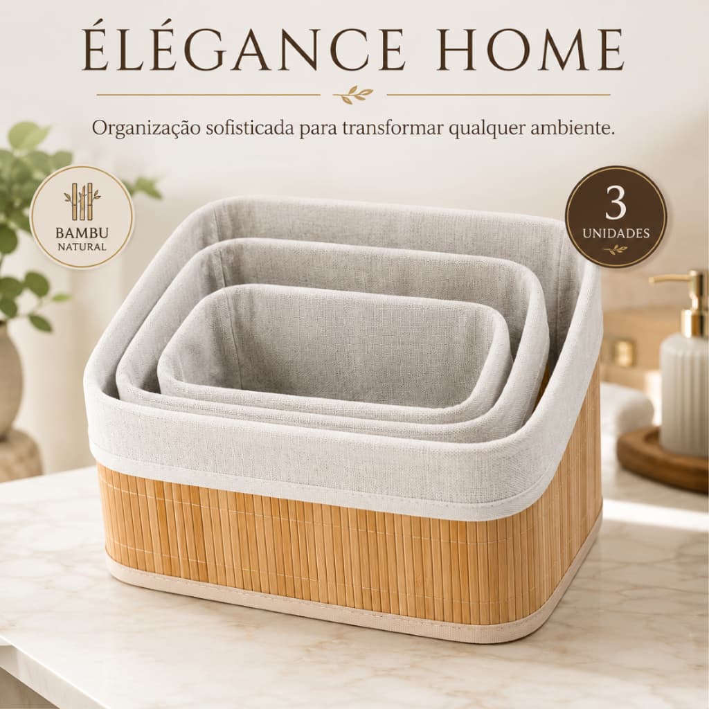 Kit Organizador de Bambu Élégance Home 3 Cestos Decorativos com Forro Organizador Multiuso para Banheiro Cozinha Quarto