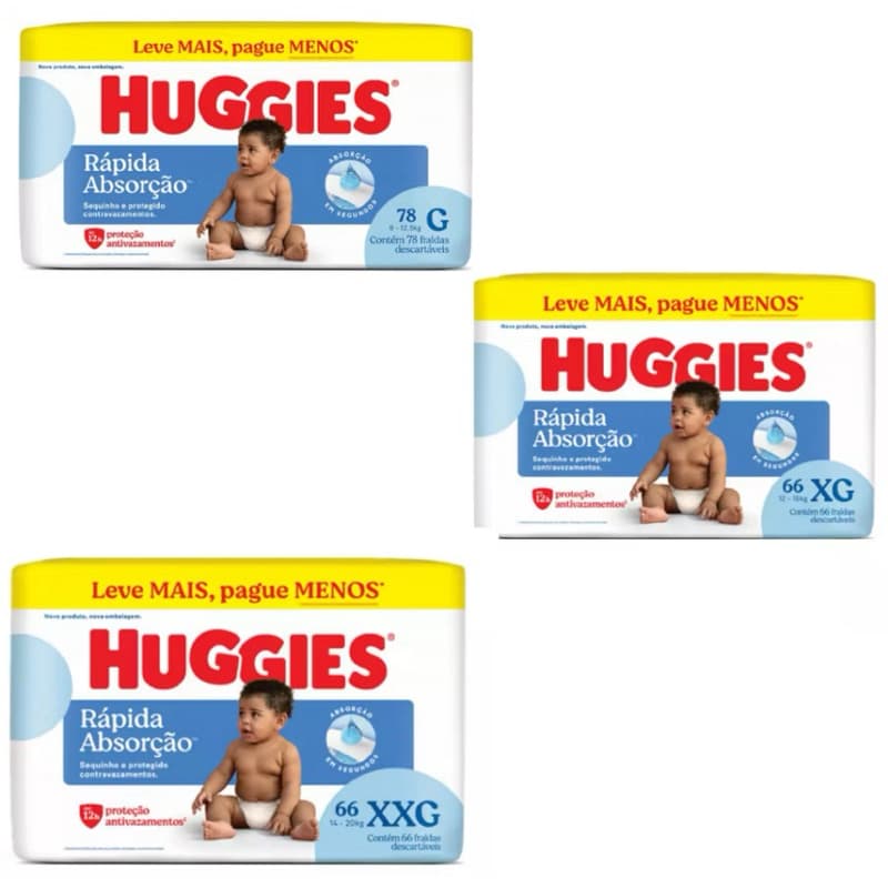 Fralda Huggies Pacotão Hiper M 92 G 78 XG 66 XXG 66