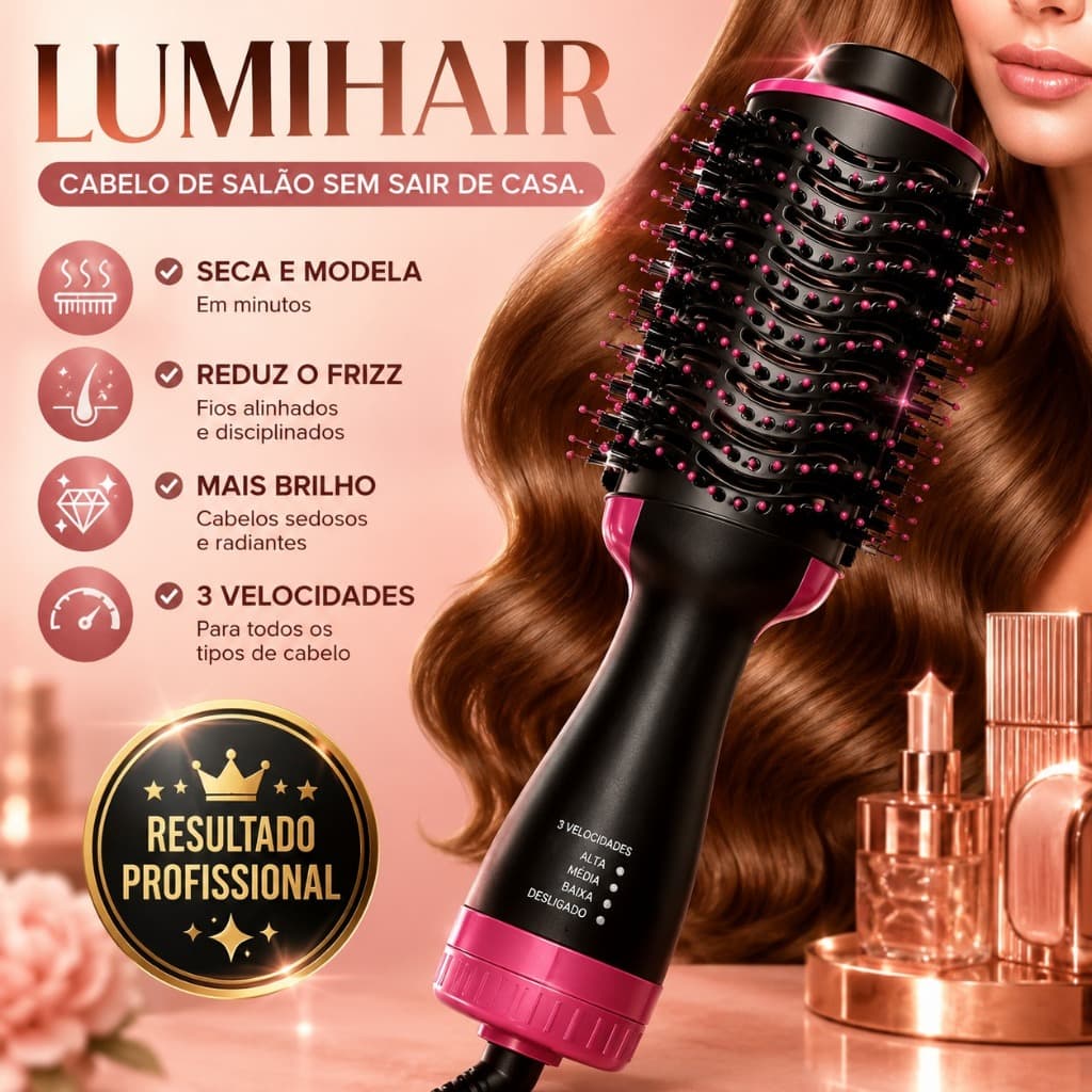 Escova Secadora Modeladora Alisadora 3 Velocidades Cabelos Brilhantes Lisos 3em1 Bivolt Profissional