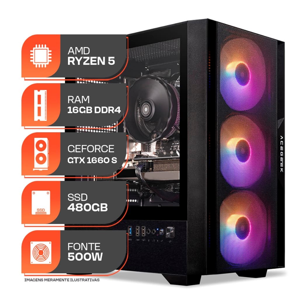 PC Gamer Spectrum, AMD RYZEN 5 5500, GeForce GTX 1660 Super 6GB, 16GB DDR4, SSD 480GB, Fonte 500W 80 Plus