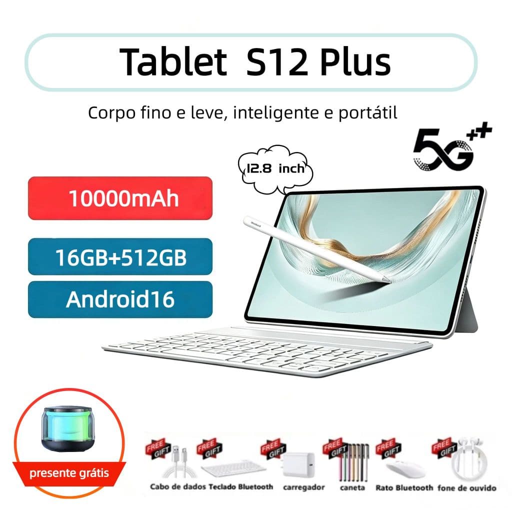 [Mouse e teclado grátis + capa protetora] S12 Plus Tablet 16GB+512GB comprimido 12.8inch Tela Grande Android Dual 5G