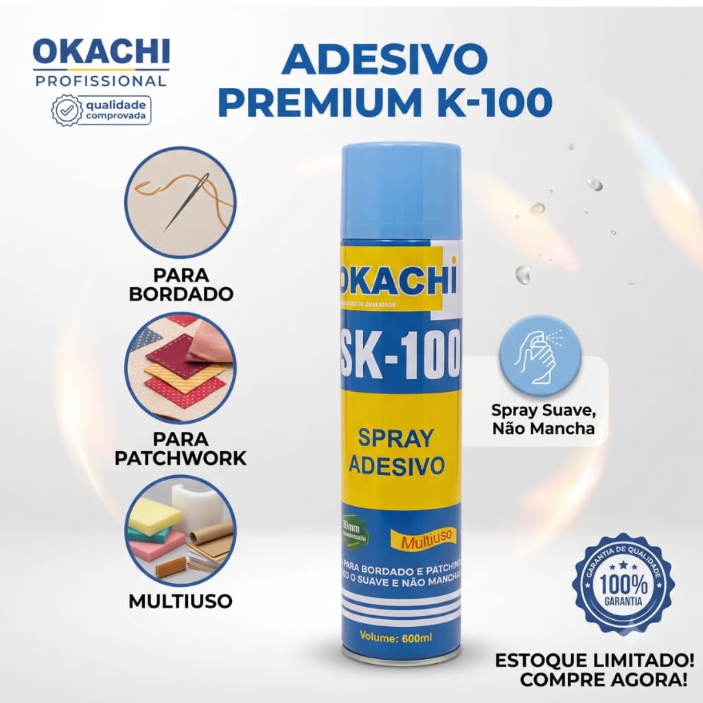 Cola Spray Temporária OKachi SK-100 600ml p/ Bordado Patchwork Costura e Tecido Adesivo Premium
