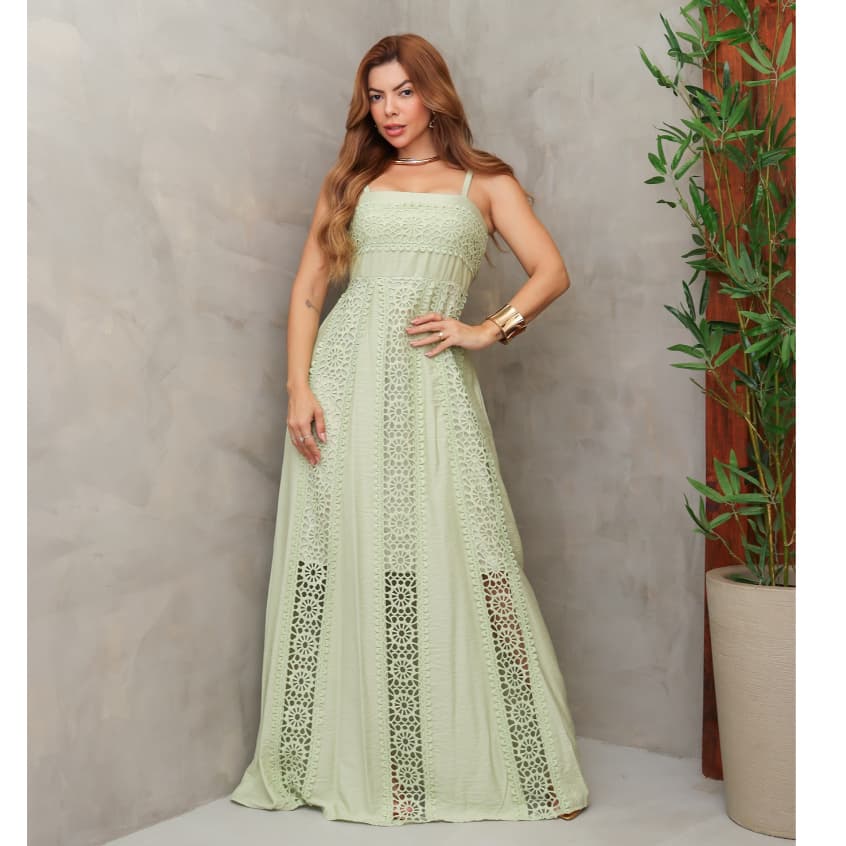 Vestido Longo Feminino Forrado Alça Fina com Renda Guipir Elegante Moda Verão SD1732
