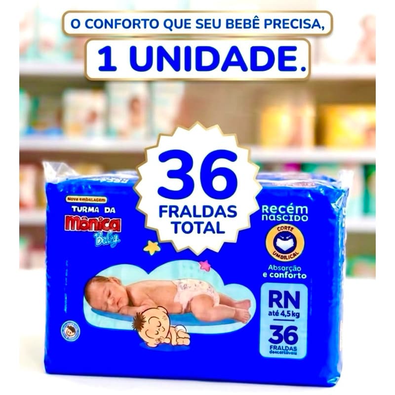 36 Unidades Fralda Infantil Turma da Mônica Baby RN  Recém-Nascido Até 4,5kg Original Alta Absorção.