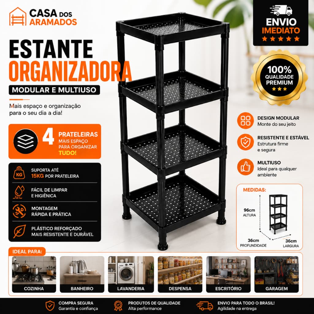 Estante Organizadora Modular Multiuso 2 ou 4 Prateleiras Plástico Reforçado para Cozinha, Banheiro, Quarto, Escritorio