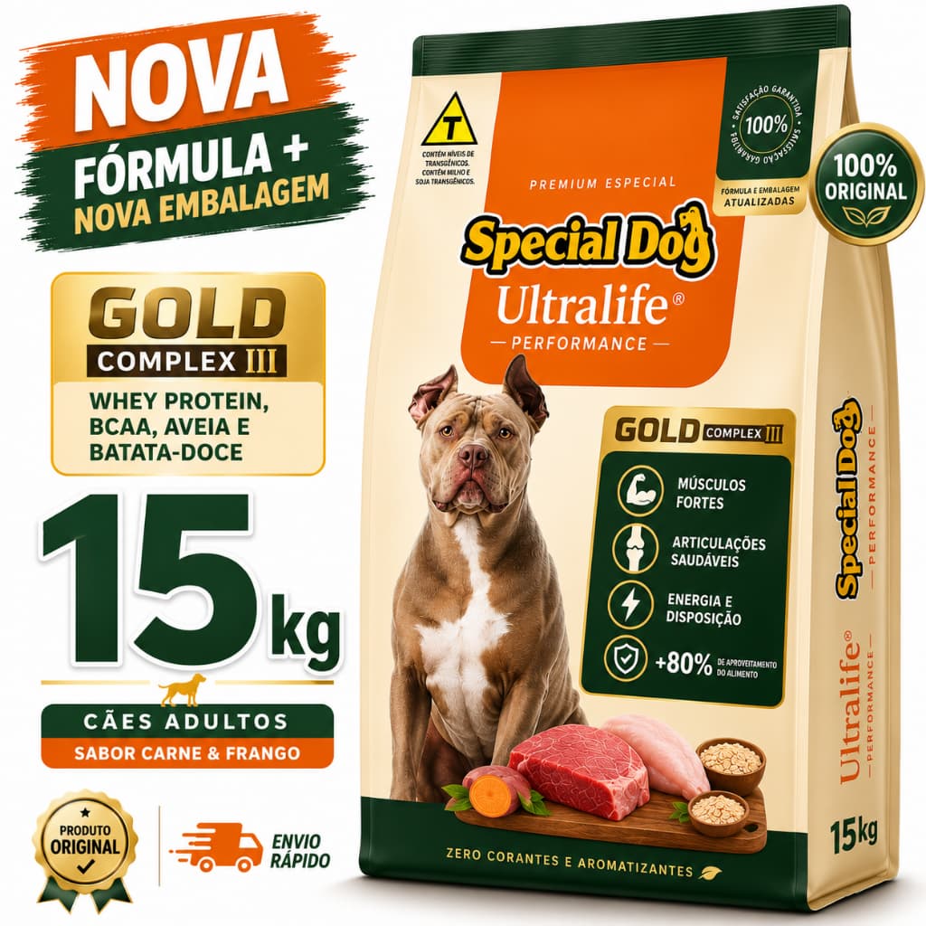 Ração Special Dog Adulto Performance Ultralife Gold Cães Adultos Carne e Frango 15Kg