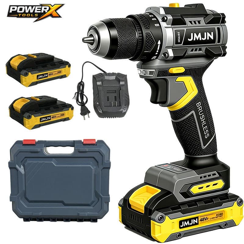 POWERX Parafusadeira Furadeira 48V Sem Fio Brushless com Bateria de Lítio, LED e 2 Velocidades