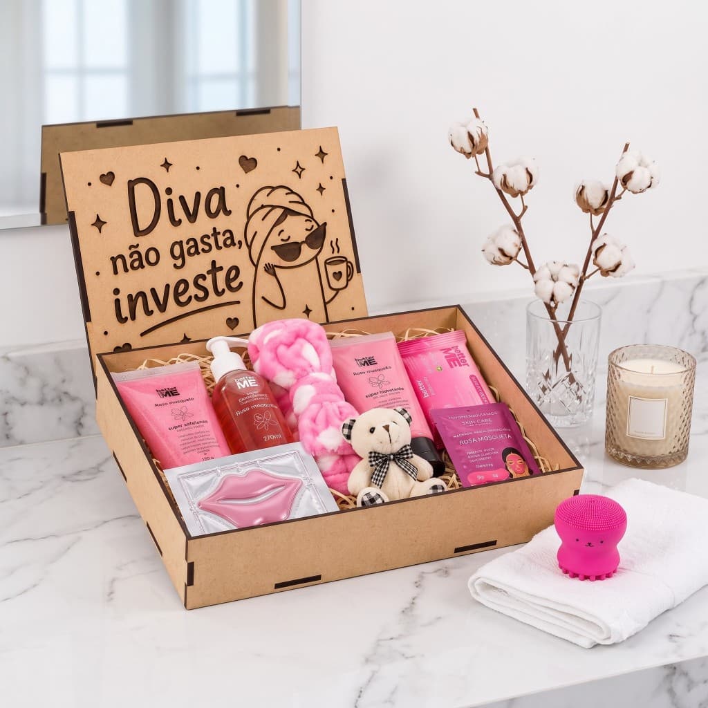 Kit Skincare Limpeza E Hidratação Rosa Mosqueta Presente Na Caixa Mdf Diva