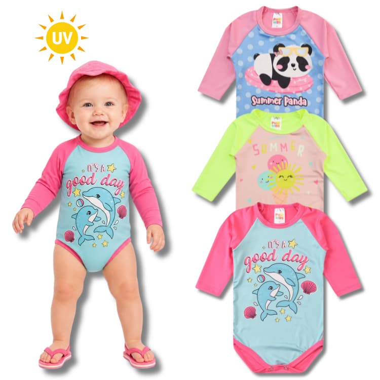 Kit 2 Body Proteção Solar Estampado UV Feminino/Menina Bebê Verão - Roupa de Praia Piscina