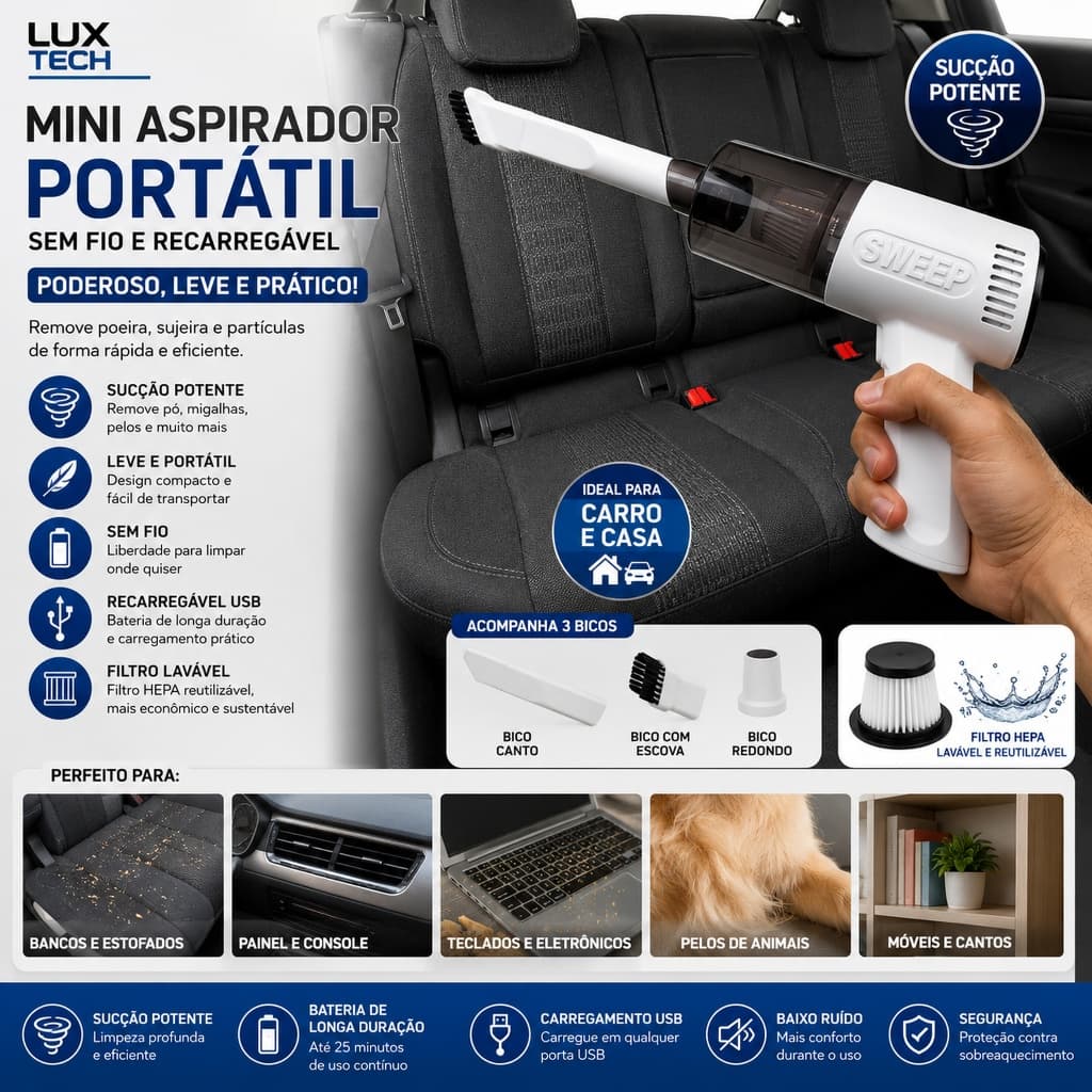 Mini Aspirador De Po Portatil Vacuo Remove Po Sem Fio Com Bateria Carro Casa Usb