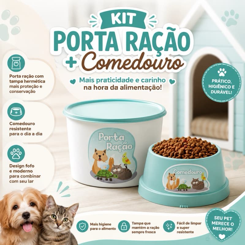 Kit Porta Ração 2L + Comedouro 500ml para Cachorro e Gato | Pote com Tampa | Organizador de Ração Pet