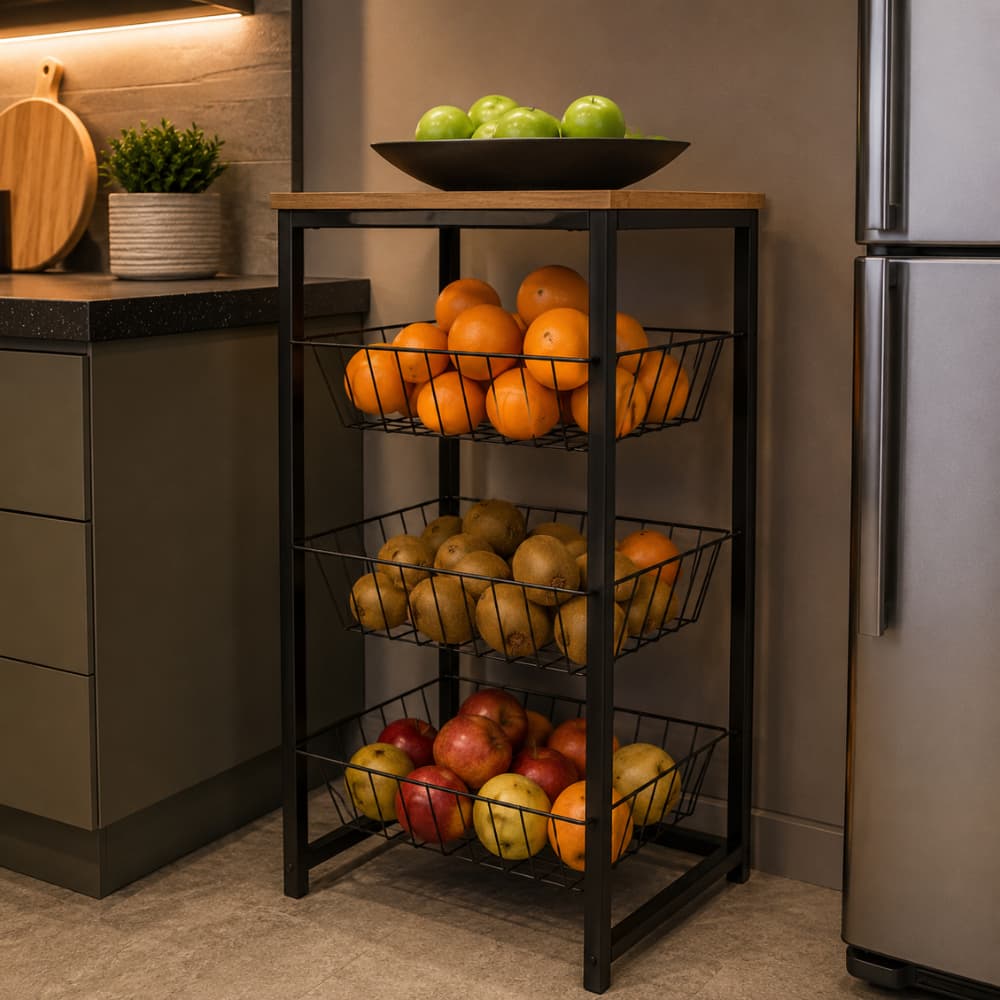Fruteira Multiuso 3 Cestos com Tampo Madeira Organizador Cozinha Moderna