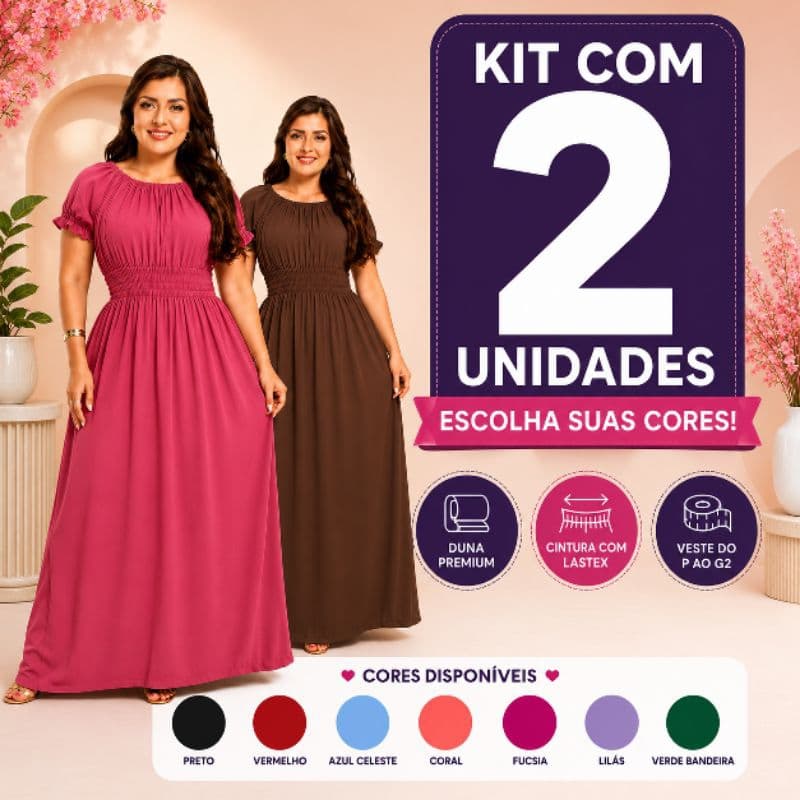 Kit 2 Vestidos Lisos Femininos Longos Manga  Curta Cumprido Luxo Evangélico.