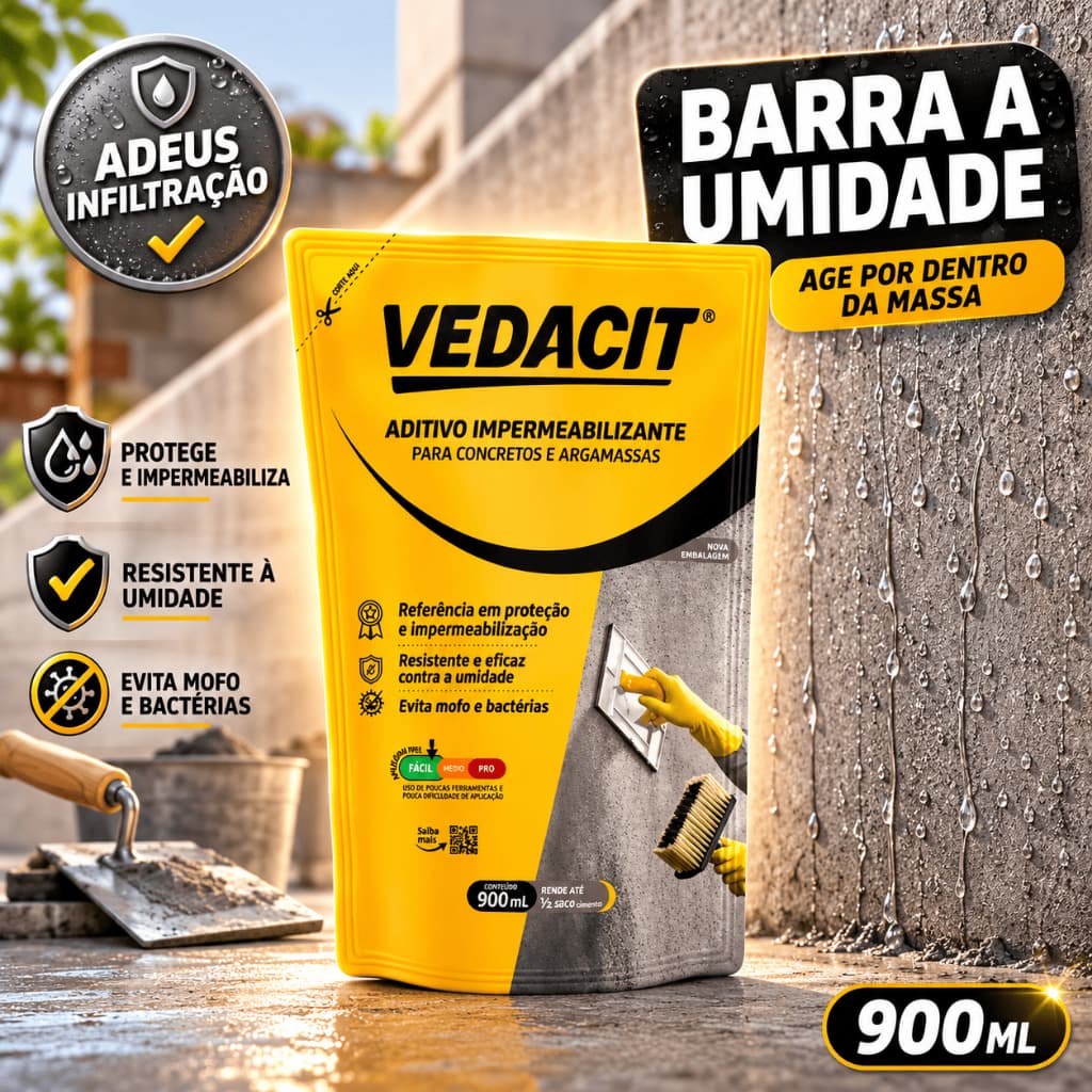 Aditivo Impermeabilizante Vedacit 900ml para Concreto Argamassa Caixa Dagua Laje e Parede