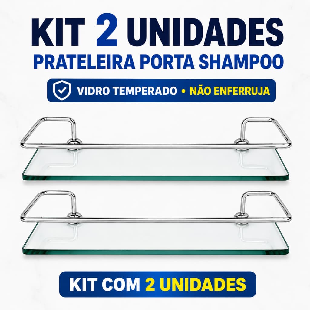 Kit 2 Porta Shampoo de Alumínio Com Base de Vidro Reto Suporte Prateleira
