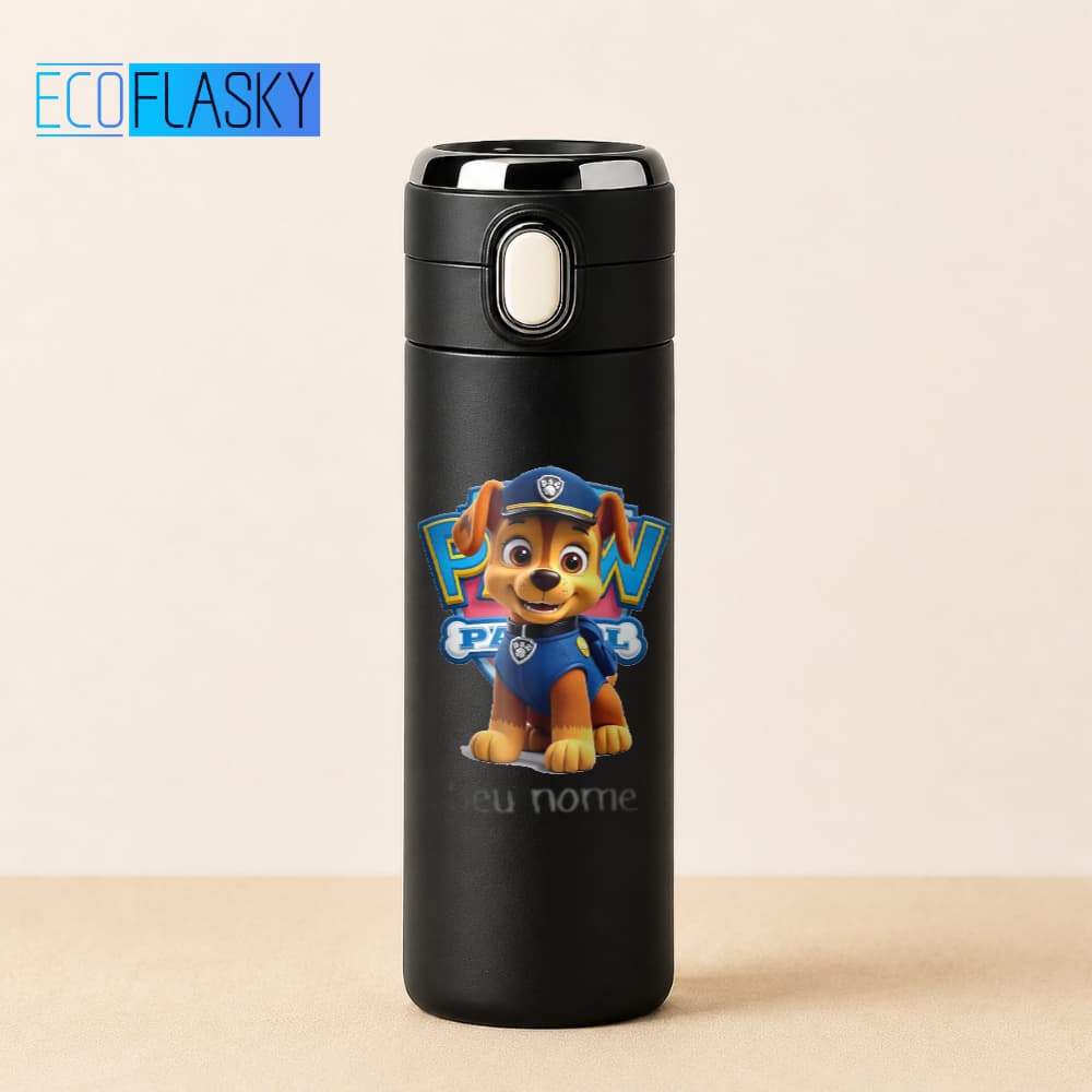 Garrafa Térmica Infantil Aço Inox Chase Patrulha Canina Estampada Termometro LED Digital Temperatura 420ml