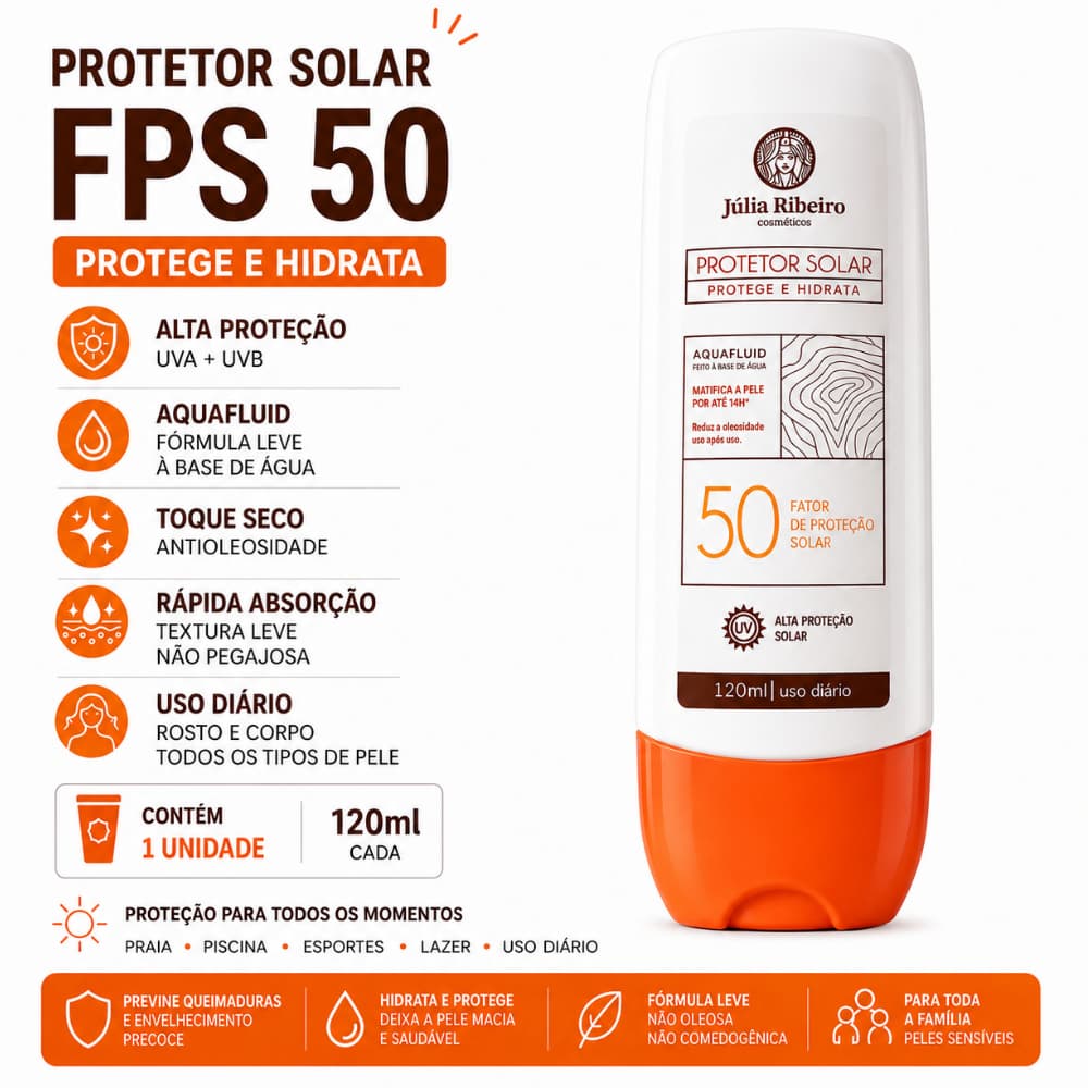 PROTETOR SOLAR ANTIOLEOSIDADE 50 FPS,120ML FACIAL E CORPORAL, TOQUE SECO, ANTISSINAIS