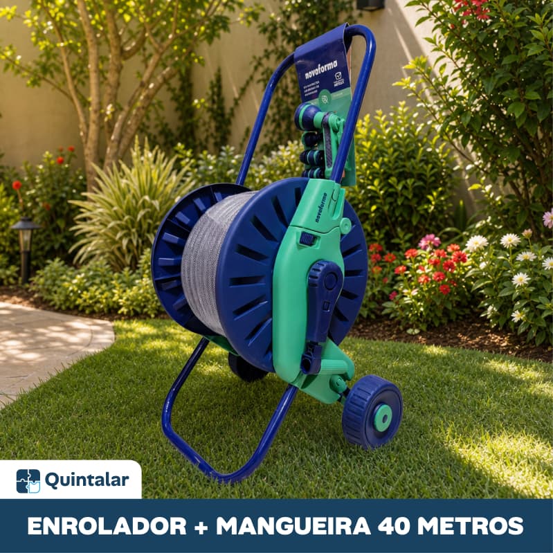 Carrinho Enrolador + Mangueira 40m + Kit Hidropistola | Enrolador Completo Kit Jardinagem