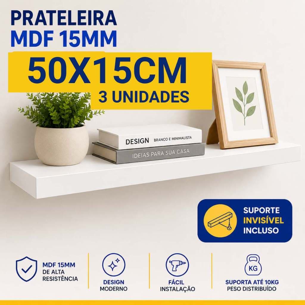 3 Prateleira Lisa Mdf 15mm Branco 50x15 Cm Suporte Invisível prateleira branca parede