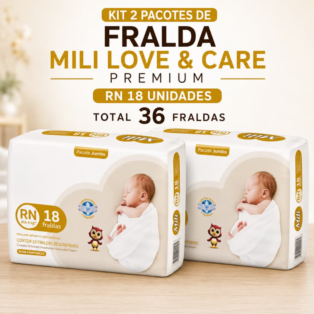 2 pacotes Fralda Mili Love & Care Premium RN recém nascido com 18 unidades cada - Total de 36 Fraldas