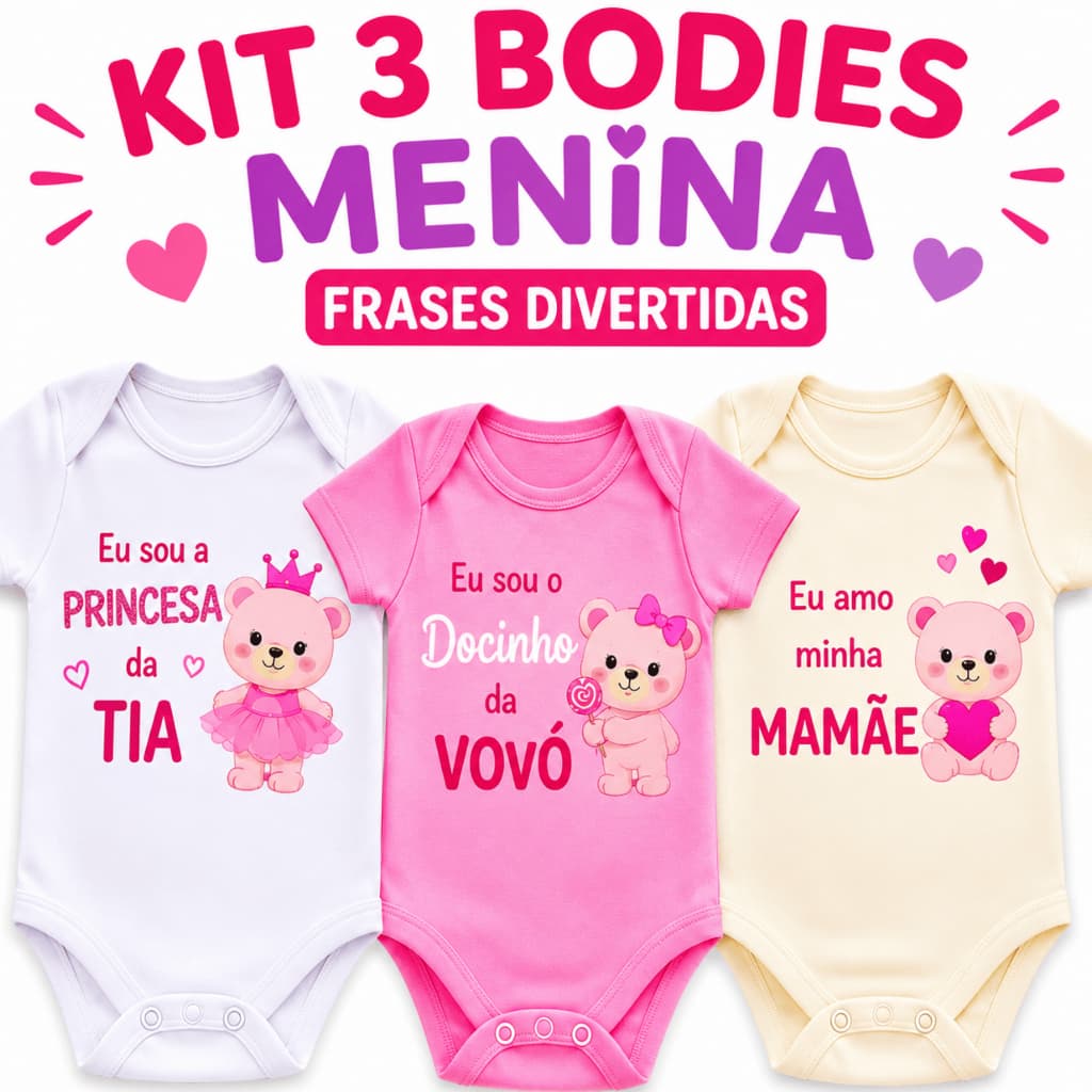 Kit 3 Body Bebê Menina Temático Frases Divertidas 100% Algodão Roupa Bebê Verão Enxoval P M G