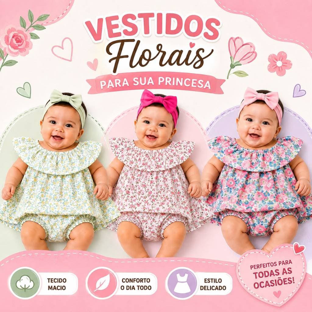 Conjunto Bebê Menina bata com Babado + Tapa Fralda Floral/Poá 100% Algodão Calcinha Confortavel 0 a 6 meses Banho de Sol