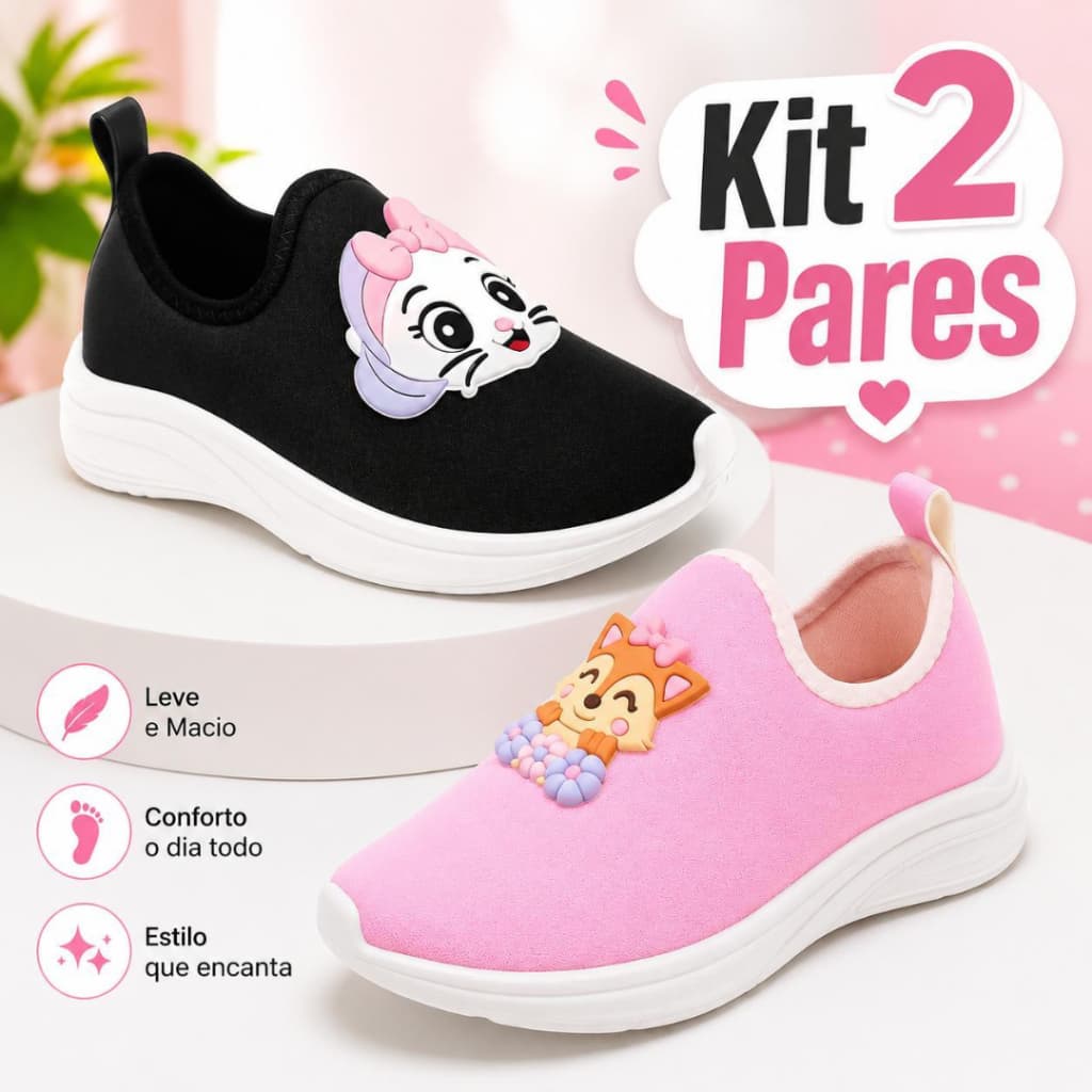 Tênis Infantil Menina Calce Fácil Confortável Kit 2 Pares  Casual Macio Sapato Escolar Dia Dia