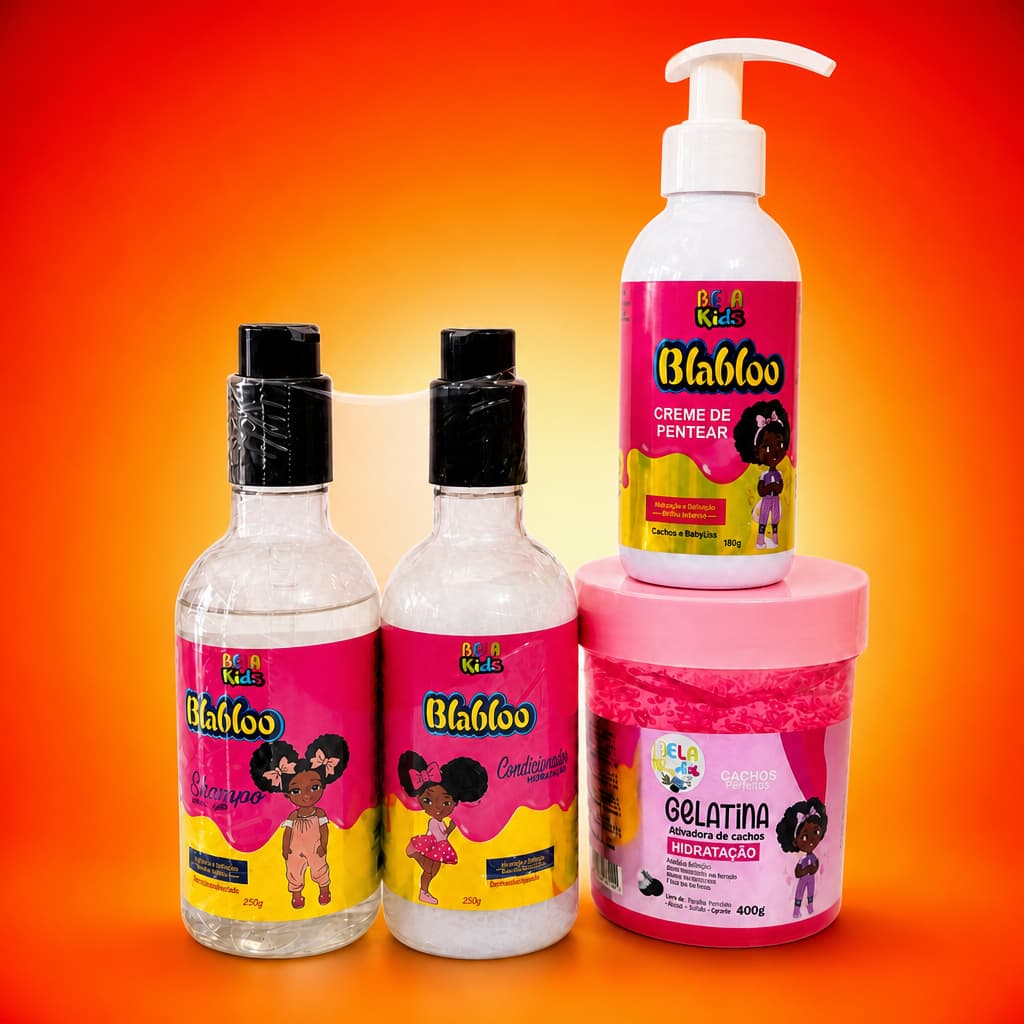 Kit Blabloo Bela Kids 4 em 1 Gelatina Creme Pentear Shampoo Condicionador Hidratante Infantil