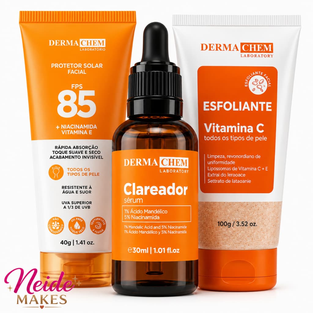 Skin Care Clareador Vitamina + Protetor FPS 85 Rosto + Esfoliante Dermachem