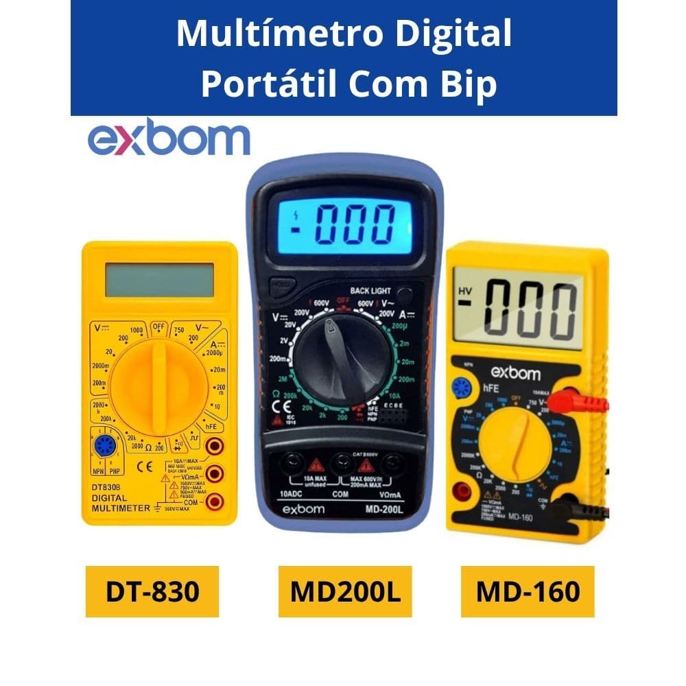 Multímetro Profissional Bip Portátil Digital LCD Led Iluminação/Fusível DT-830B/MD-200L/MD160 Exbom