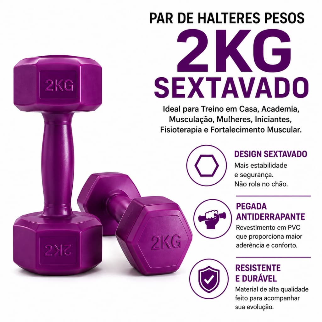 Par de Halteres Pesos 2kg Sextavado Vermelho Antiderrapante Revestido deal para Treino em Casa, Academia, Fisioterapia