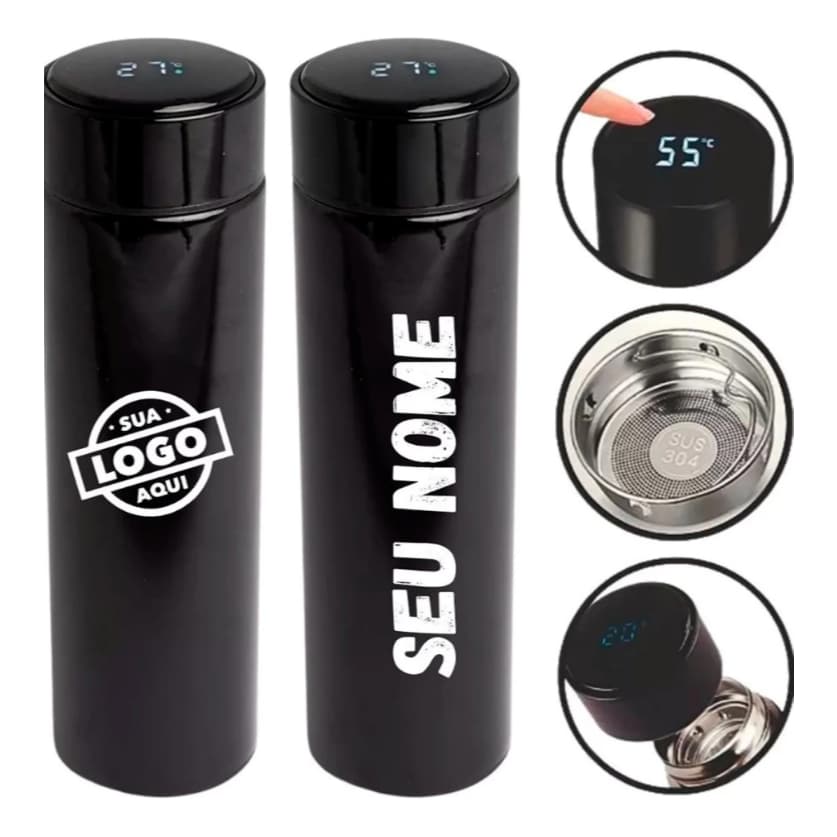 Garrafa Térmica Inteligente 500ml com Termômetro LED Digital e Personalização a Laser Nome Vertical