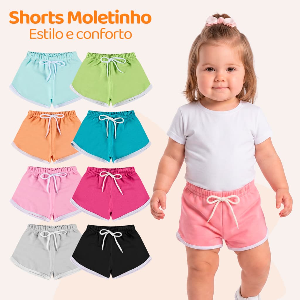 Kit 2, 3 ou 5 Shorts Bebe Menina Blogueira Moletinho 100% Algodão ou Kit 3 Shorts Infantil Menina - Com Friso