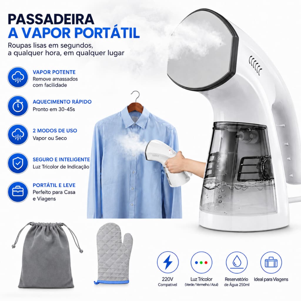 Ferro de Passar a Vapor Portátil 220V 3 em 1, Seco e Vertical, Dobrável, Compacto para Viagem, Base de Alumínio