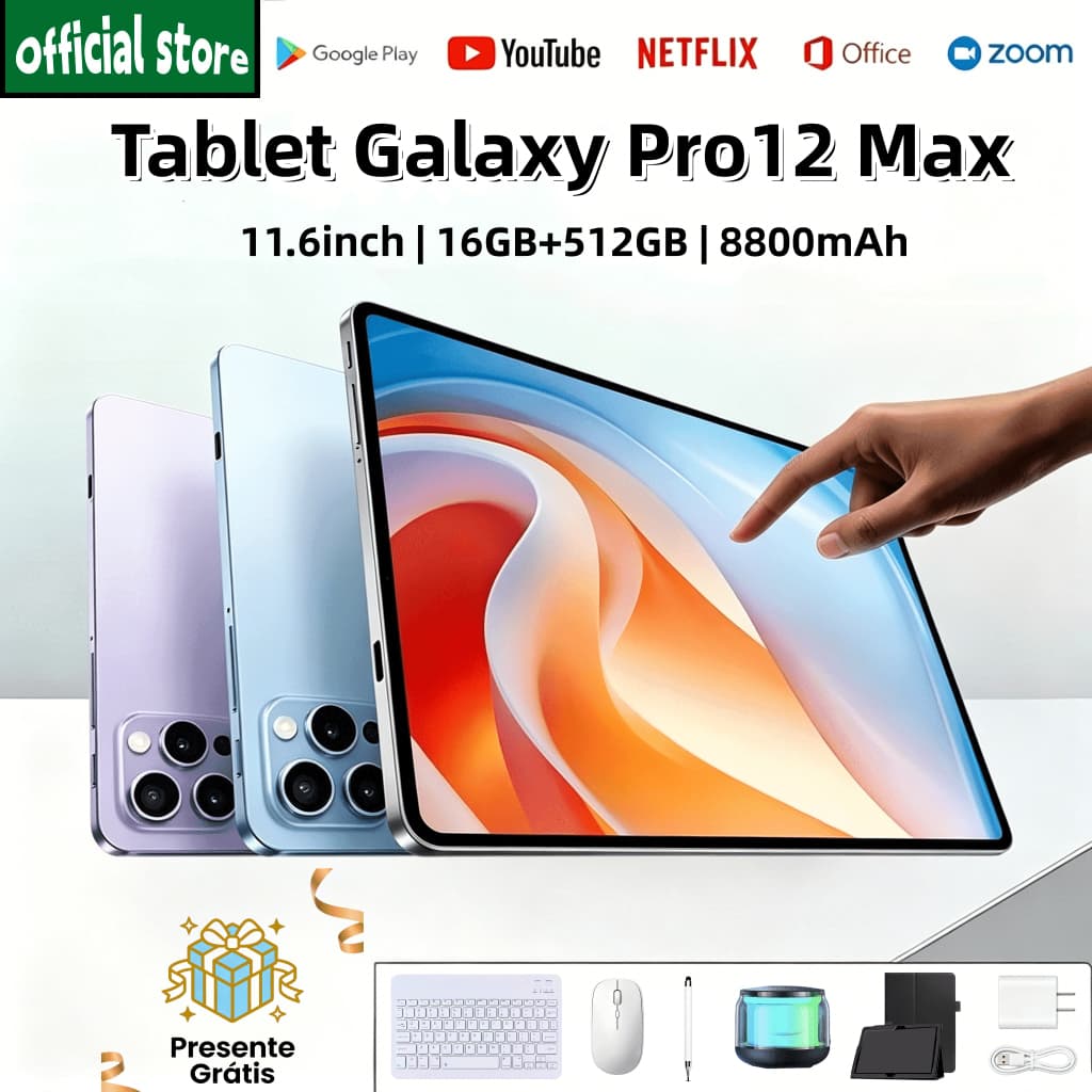 [Teclado e mouse grátis] Tablet Galaxy  Pro12 Max, 11,6 polegadas, 16 GB + 512 GB, sistema Android, bateria de 8.800 mAh