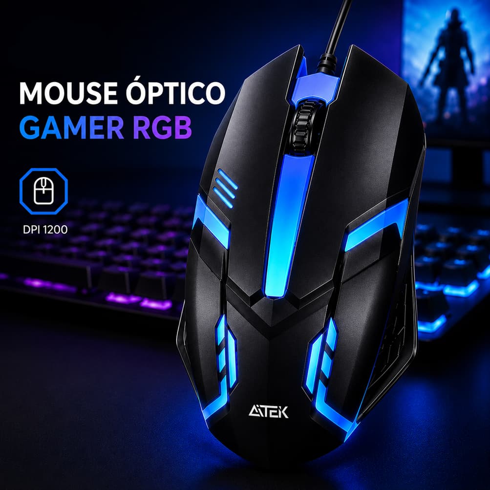 Mouse Gamer RGB USB Óptico 1200 DPI LED Colorido Alta Precisão Plug Play para PC Notebook Jogos Gamer Aitek