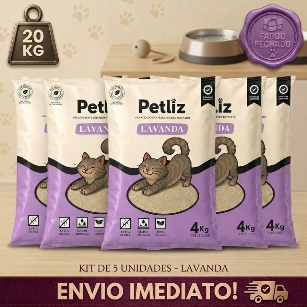 Kit 5 Areia Sanitária Higiênica para Gatos Granulado Extra Fino Aroma Lavanda - Petliz
