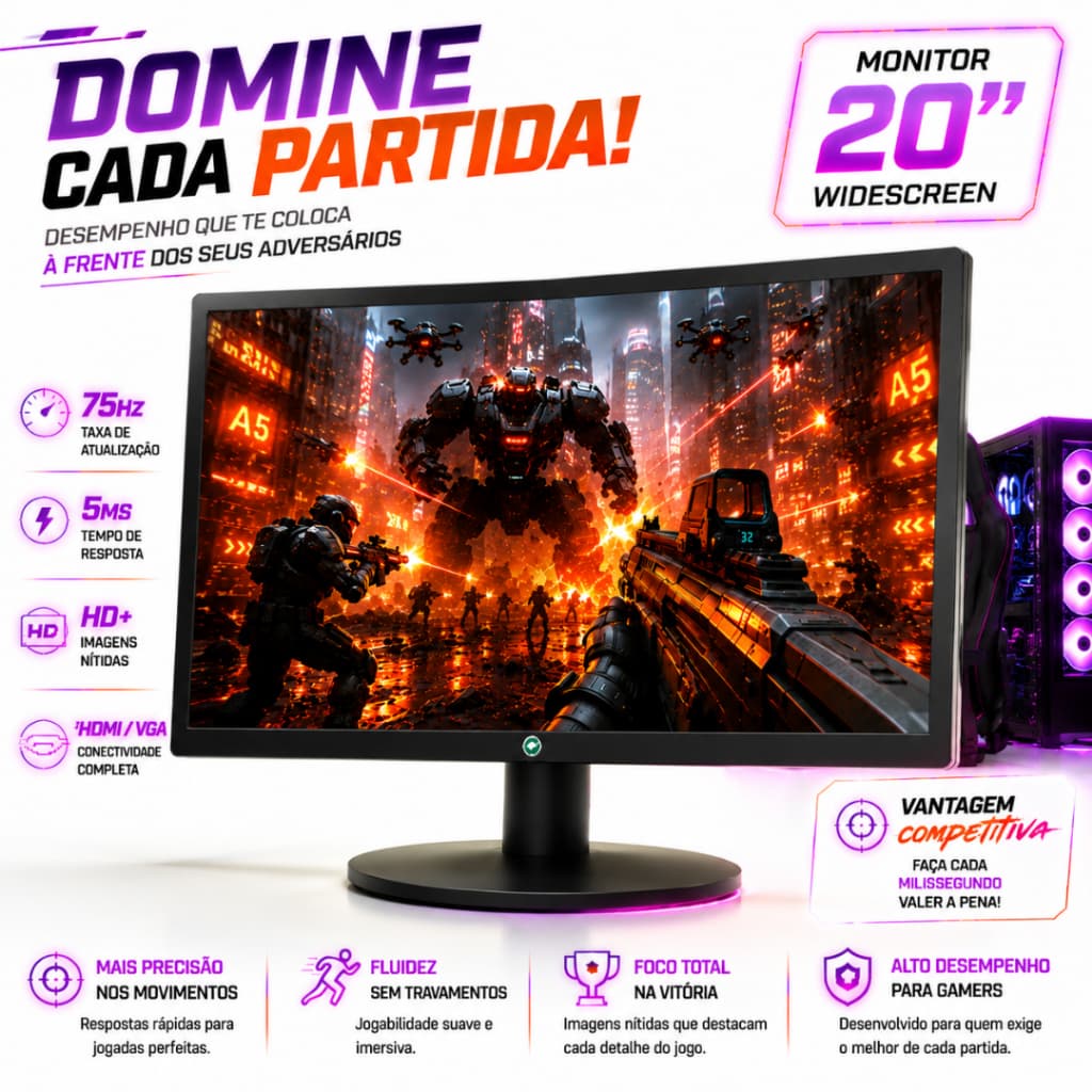 MONITOR BRAZILPC 20 POLEGADAS LED WIDESCREEN HDMI/VGA 20BPC-KAN 75HZ PRETO ALTA PERFORMANCE GAMER
