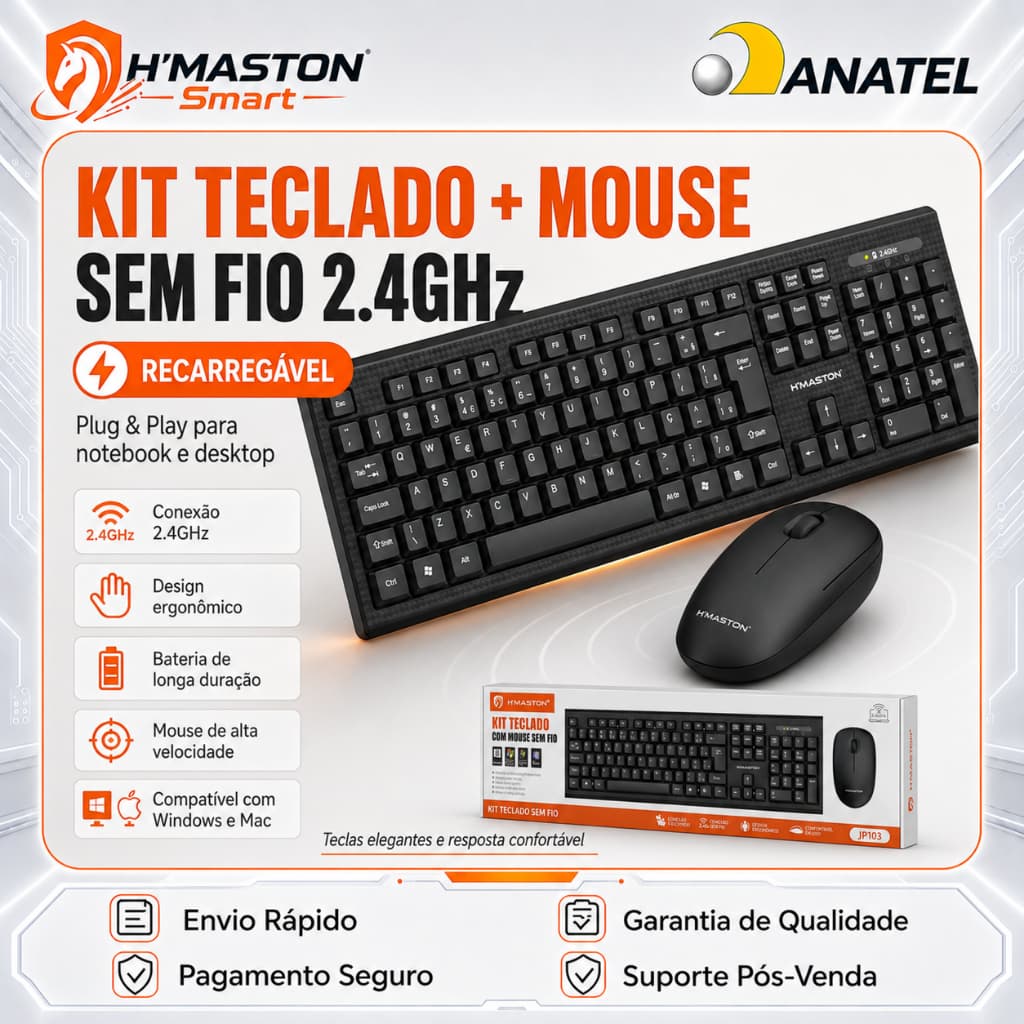 H'MASTON JP103 Kit Teclado e Mouse Sem Fio Teclado Sem Fio Mouse e Teclado Sem Fio Kit Mouse e Teclado Sem Fio