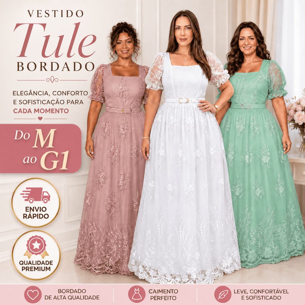 Vestido Longo Tule Bordado Luxo Moda Cristã Evangélica Com Cinto Moda Evangelica Modesta Tam M a G1