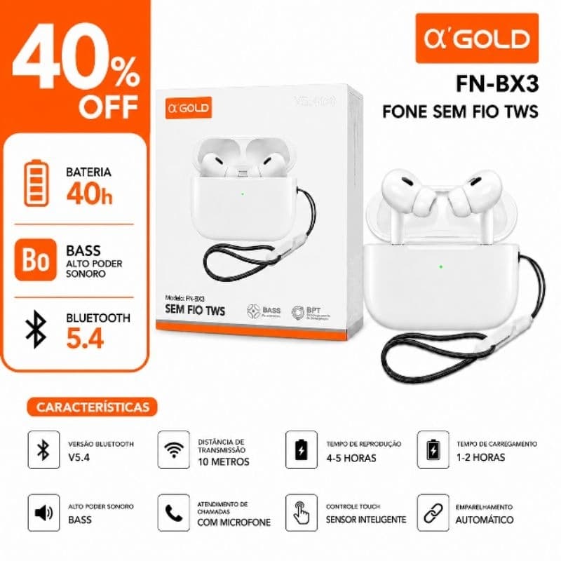 Fone de Ouvido Bluetooth A'Gold FN-BX3 TWS Original Bluetooth 5.4 Touch ENC 40H Bateria
