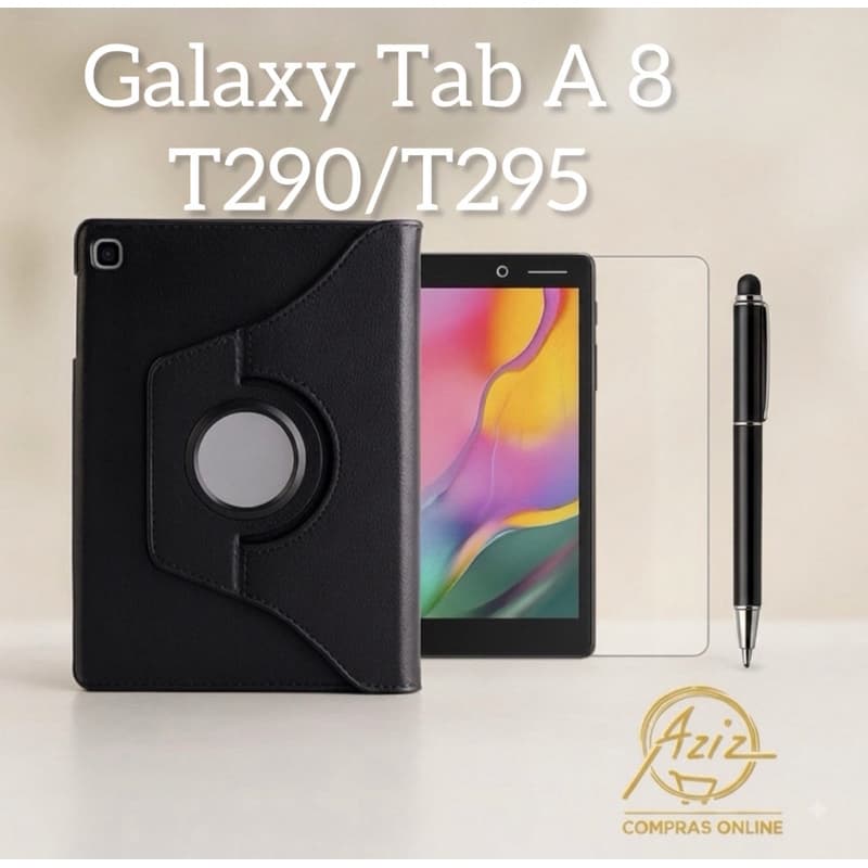 Kit Completo para Galaxy Tab A 8.0” T290/T295 2019 Capa 360° Giratória Premium+Película de Vidro Temperado+Caneta 2 em 1