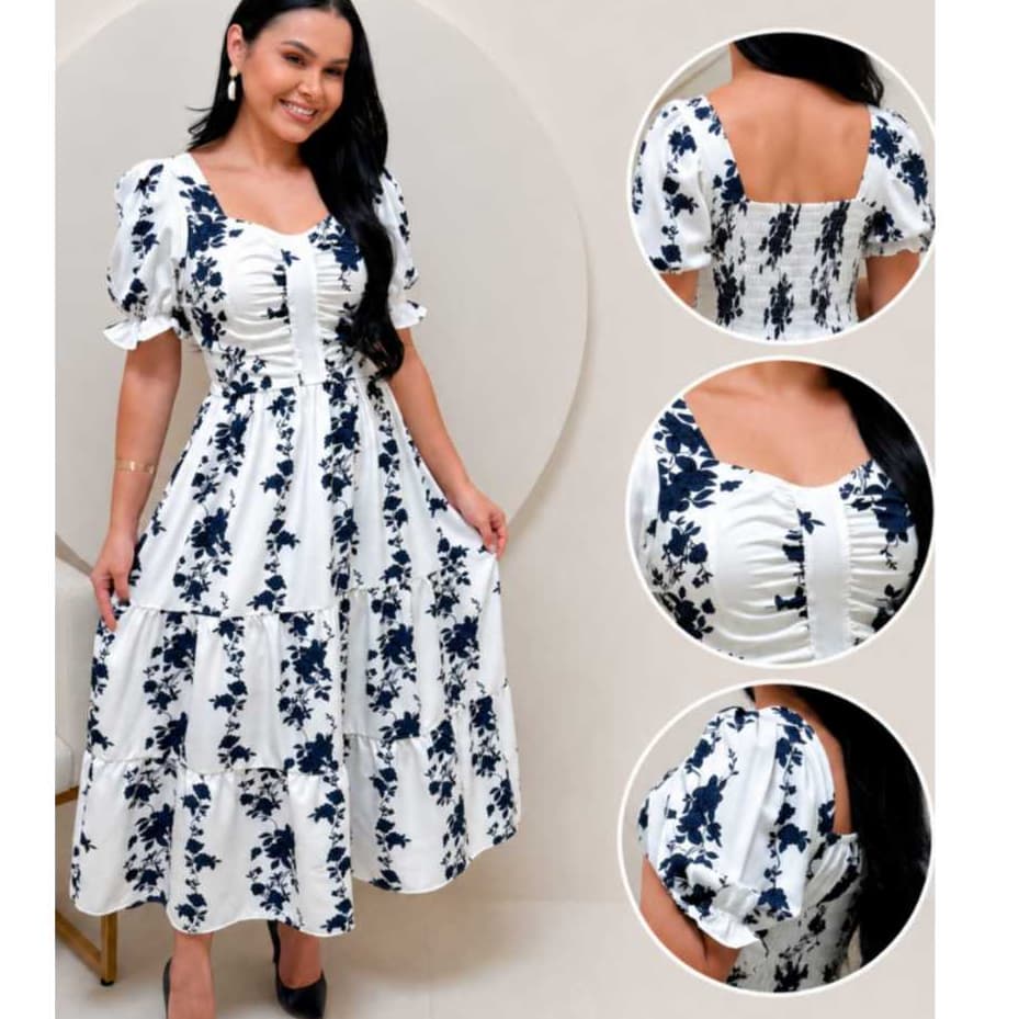 Vestido midi feminino evangélico tendencia manga bufante forrado