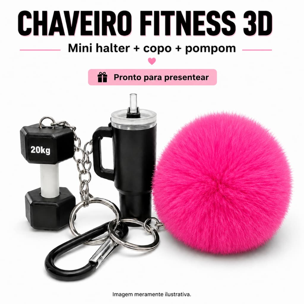Kit Chaveiros Fitness 3D Mini Copo Halter e Kettlebell Academia